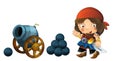 Cartoon scene with pirate man and old cannon on whtie background Royalty Free Stock Photo