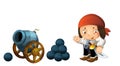 Cartoon scene with pirate man and old cannon on whtie background Royalty Free Stock Photo