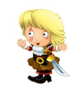 Cartoon scene with pirate woman and old cannon on whtie background Royalty Free Stock Photo