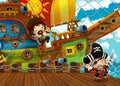 Cartoon scene with pirate sailing ship docking in a harbor Royalty Free Stock Photo