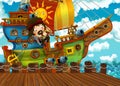 Cartoon scene with pirate sailing ship docking in a harbor Royalty Free Stock Photo
