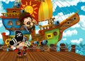 Cartoon scene with pirate sailing ship docking in a harbor Royalty Free Stock Photo