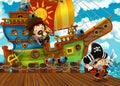 Cartoon scene with pirate sailing ship docking in a harbor Royalty Free Stock Photo