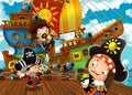 Cartoon scene with pirate sailing ship docking in a harbor Royalty Free Stock Photo