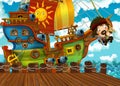 Cartoon scene with pirate sailing ship docking in a harbor Royalty Free Stock Photo