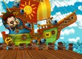 Cartoon scene with pirate sailing ship docking in a harbor