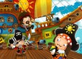 Cartoon scene with pirate sailing ship docking in a harbor Royalty Free Stock Photo