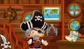 Cartoon scene with pirate ship cabin interior with treasure sailing through the seas Royalty Free Stock Photo