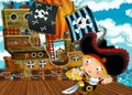 Cartoon scene with pirate ship sailing through the seas with pirate captain waiting in the dock - illustration