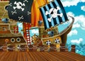 Cartoon scene with pirate ship sailing through the seas with pirate captain waiting in the dock - illustration