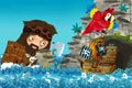 Cartoon scene with pirate ship sailing through the seas encountering giant - illustration