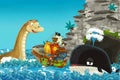 Cartoon scene with pirate ship sailing through the seas encountering sea monster