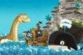 Cartoon scene with pirate ship sailing through the seas encountering sea monster Royalty Free Stock Photo