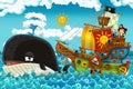 Cartoon scene with pirate ship sailing through the seas with happy pirates meeting swimming whale