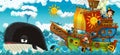 Cartoon scene with pirate ship sailing through the seas with happy pirates meeting swimming whale - illustration