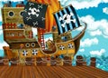 Cartoon scene with pirate ship sailing through the seas with pirate captain waiting in the dock - illustration