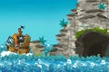 Cartoon scene with pirate ship sailing through the seas sailing out of secret cave Royalty Free Stock Photo