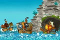 Cartoon scene with pirate ship sailing through the seas sailing out of secret cave Royalty Free Stock Photo