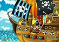 Cartoon scene with pirate ship sailing through the seas with scary pirates - deck is burning during battle Royalty Free Stock Photo