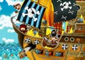 Cartoon scene with pirate ship sailing through the seas with scary pirates - deck is burning during battle Royalty Free Stock Photo