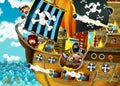 Cartoon scene with pirate ship sailing through the seas with scary pirates - deck is burning during battle Royalty Free Stock Photo