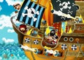 Cartoon scene with pirate ship sailing through the seas with scary pirates - deck is burning during battle Royalty Free Stock Photo