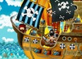 Cartoon scene with pirate ship sailing through the seas with scary pirates - deck is burning during battle Royalty Free Stock Photo