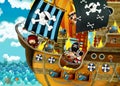 Cartoon scene with pirate ship sailing through the seas with scary pirates - deck is burning during battle - illustration for