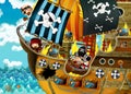 Cartoon scene with pirate ship sailing through the seas with scary pirates - deck is burning during battle Royalty Free Stock Photo