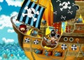 Cartoon scene with pirate ship sailing through the seas with scary pirates - deck is burning during battle - illustration for