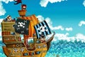 Cartoon scene with pirate ship sailing through the seas with scary pirates - deck is burning during battle Royalty Free Stock Photo