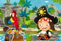 Cartoon scene with pirate and treasure and parrot in the jungle - illustration Royalty Free Stock Photo