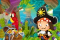 Cartoon scene with pirate in the jungle - illustration Royalty Free Stock Photo