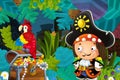 Cartoon scene with pirate and treasure and parrot in the jungle Royalty Free Stock Photo