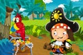 Cartoon scene with pirate and treasure in the jungle - illustration Royalty Free Stock Photo