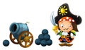 Cartoon scene with pirate woman and old cannon on whtie background Royalty Free Stock Photo