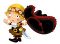 Cartoon scene with pirate woman and old cannon on whtie background Royalty Free Stock Photo