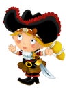 Cartoon scene with pirate woman and old cannon on whtie background Royalty Free Stock Photo