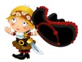 Cartoon scene with pirate woman and old cannon on whtie background Royalty Free Stock Photo