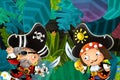 Cartoon scene with pirates fighting in the jungle - duel - illustration