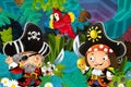 Cartoon scene with pirates fighting in the jungle - duel - illustration