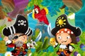 Cartoon scene with pirates fighting in the jungle - duel - illustration