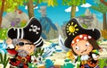 Cartoon scene with pirates fighting in the jungle - duel - illustration