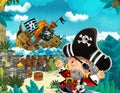 Cartoon scene with pirates on the sea battle with sinking ship - illustration