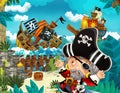 Cartoon scene with pirates on the sea battle with sinking ship - illustration