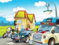 Cartoon scene with police car motor and policeman on patrol and ambulance