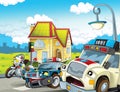 Cartoon scene with police car motor and policeman on patrol and ambulance - illustration for children