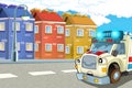 Cartoon scene with ambulance car and sports car car at city police station and policeman - illustration for children