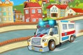 Cartoon scene with ambulance car and sports car at city police station and policeman - illustration for children