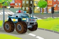 Cartoon scene with police car and sports car car at city police station and policeman